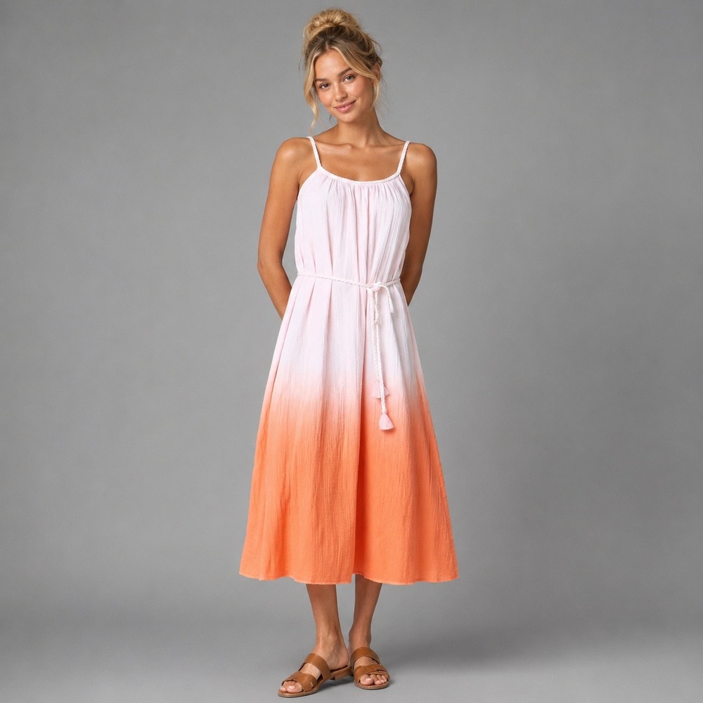 J.Crew Dress Womens Size Medium Dip Dye Gauze Midi Pink Orange Ombre Cotton